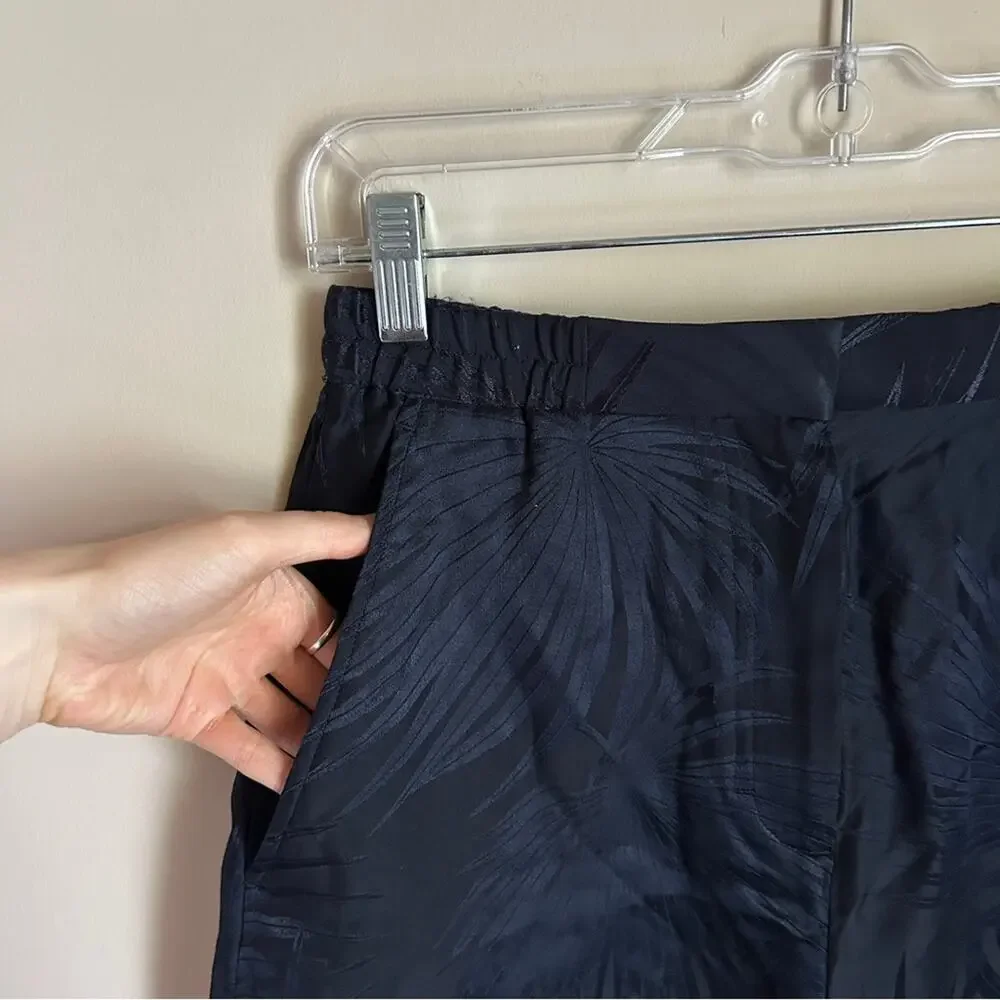 COS Navy Blue Palm Leaf Pattern High Waist Silk Blend 3 Inch Inseam Shorts XS